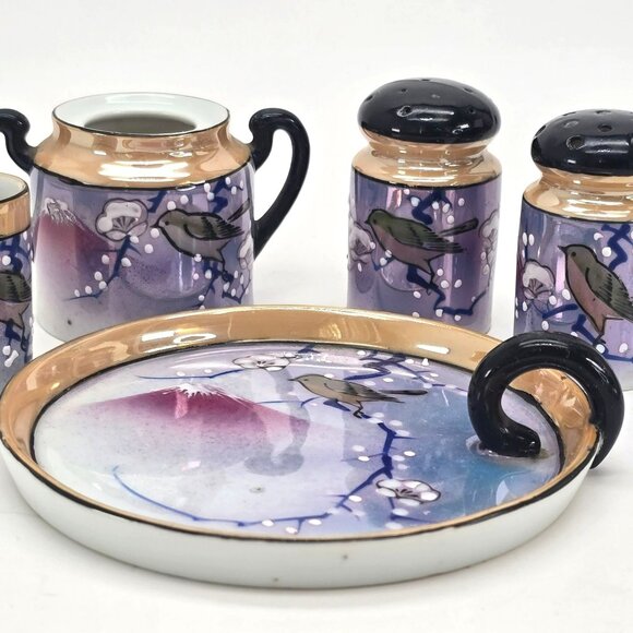 Vintage Japanese Lusterware Condiment Set With Bird Flower Mt Fuji Design je159 - Picture 3 of 9